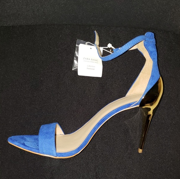 SOLD Zara Blue Suede Gold Medal Sandals - Picture 1 of 4